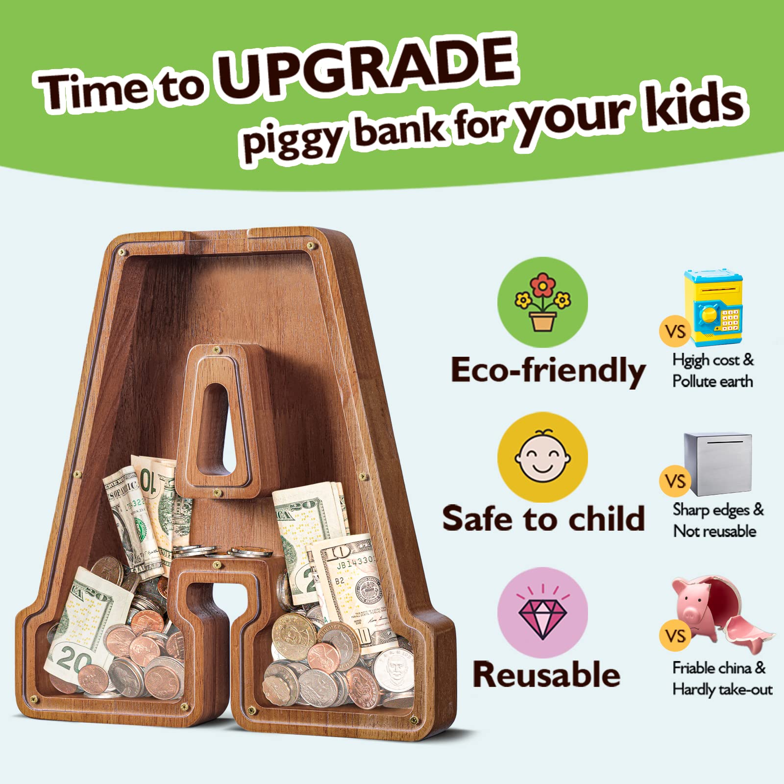 Summidate letter K piggy bank laser-engraved name detail adds personalized charm