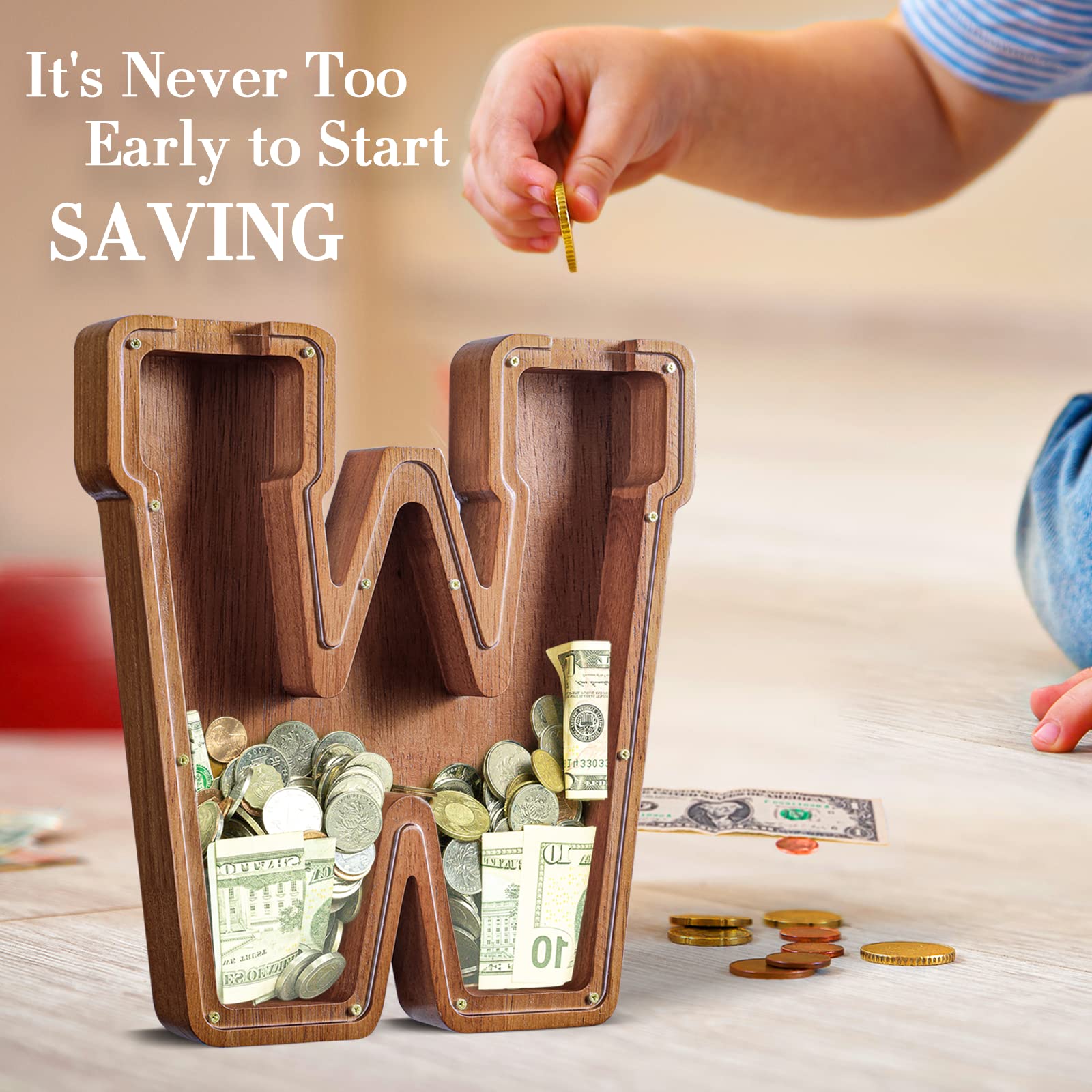 Summidate letter K piggy bank wood texture highlights natural materials