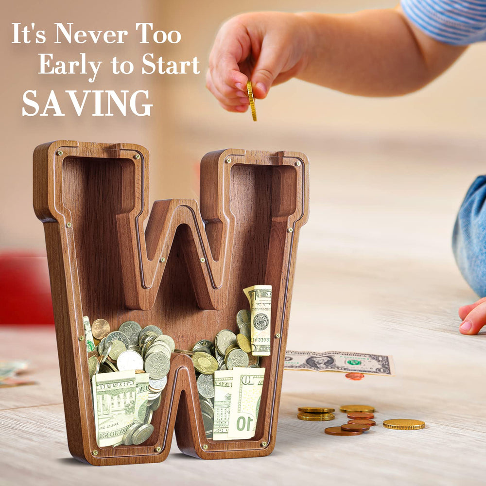 Summidate letter K piggy bank wood texture highlights natural materials