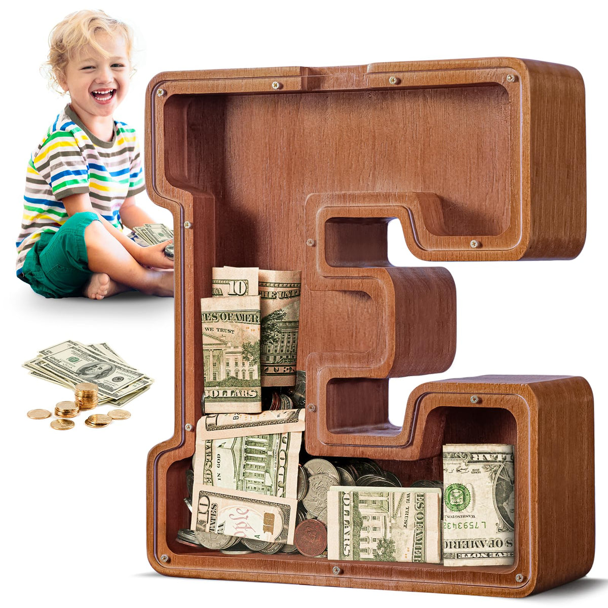 Summidate letter piggy bank with cutout design encourages kids to save.