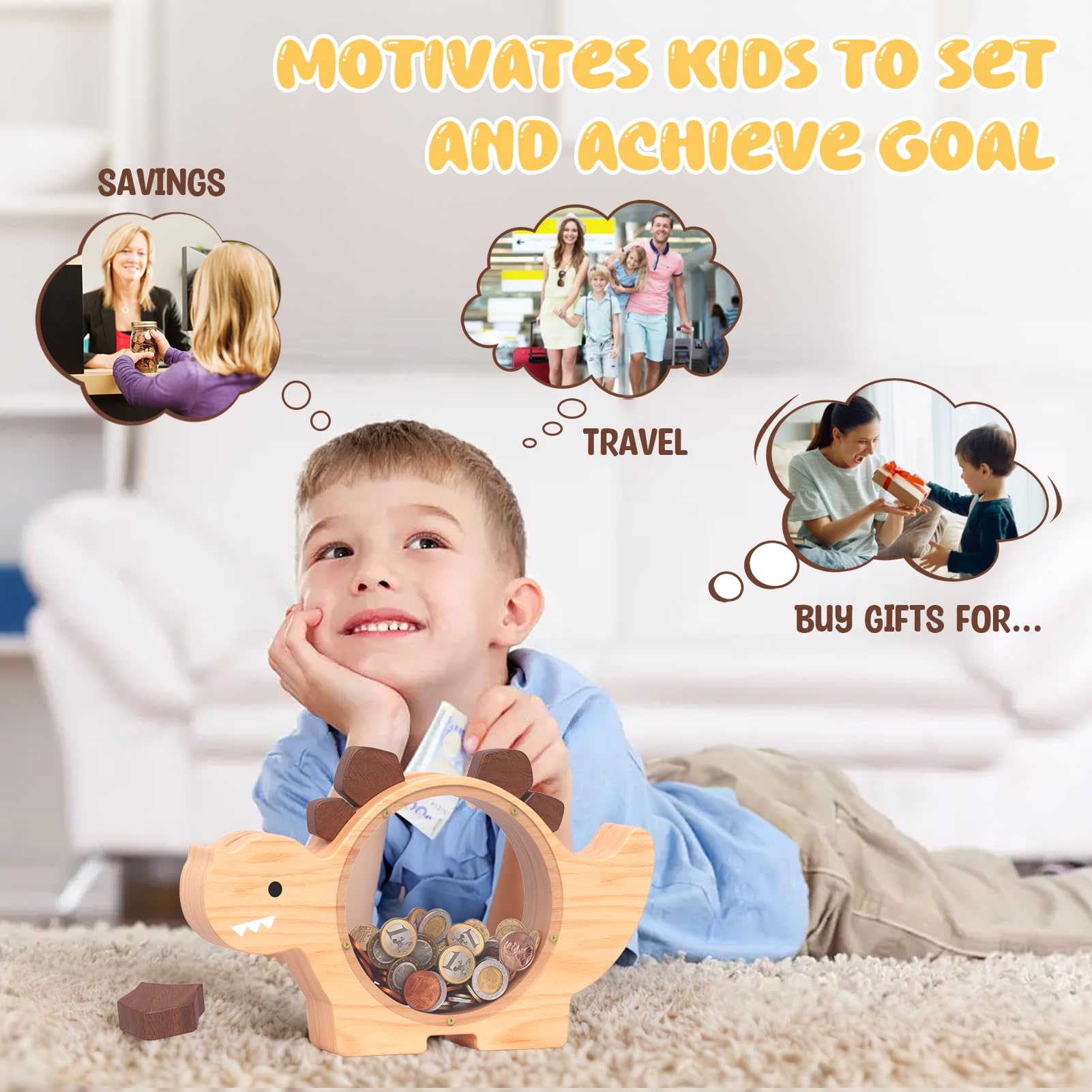 Summidate natural wood dino piggy bank offers durable, kid-friendly design.