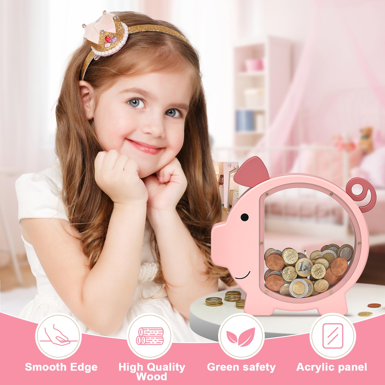 Summidate wooden piggy bank with smooth edges for safe play