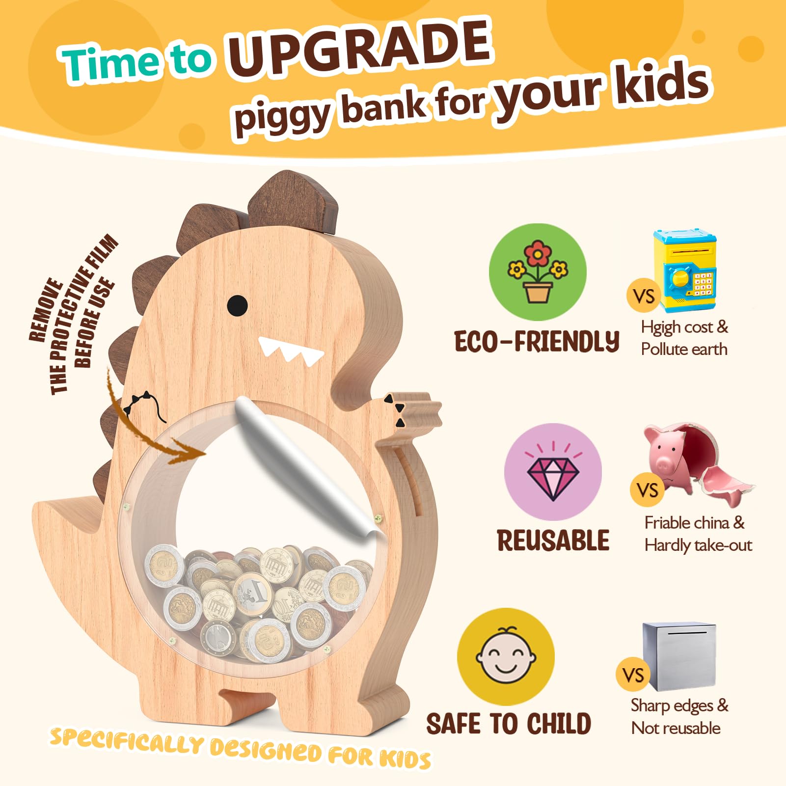 Summidate personalized dino money bank featuring a name sticker detail.