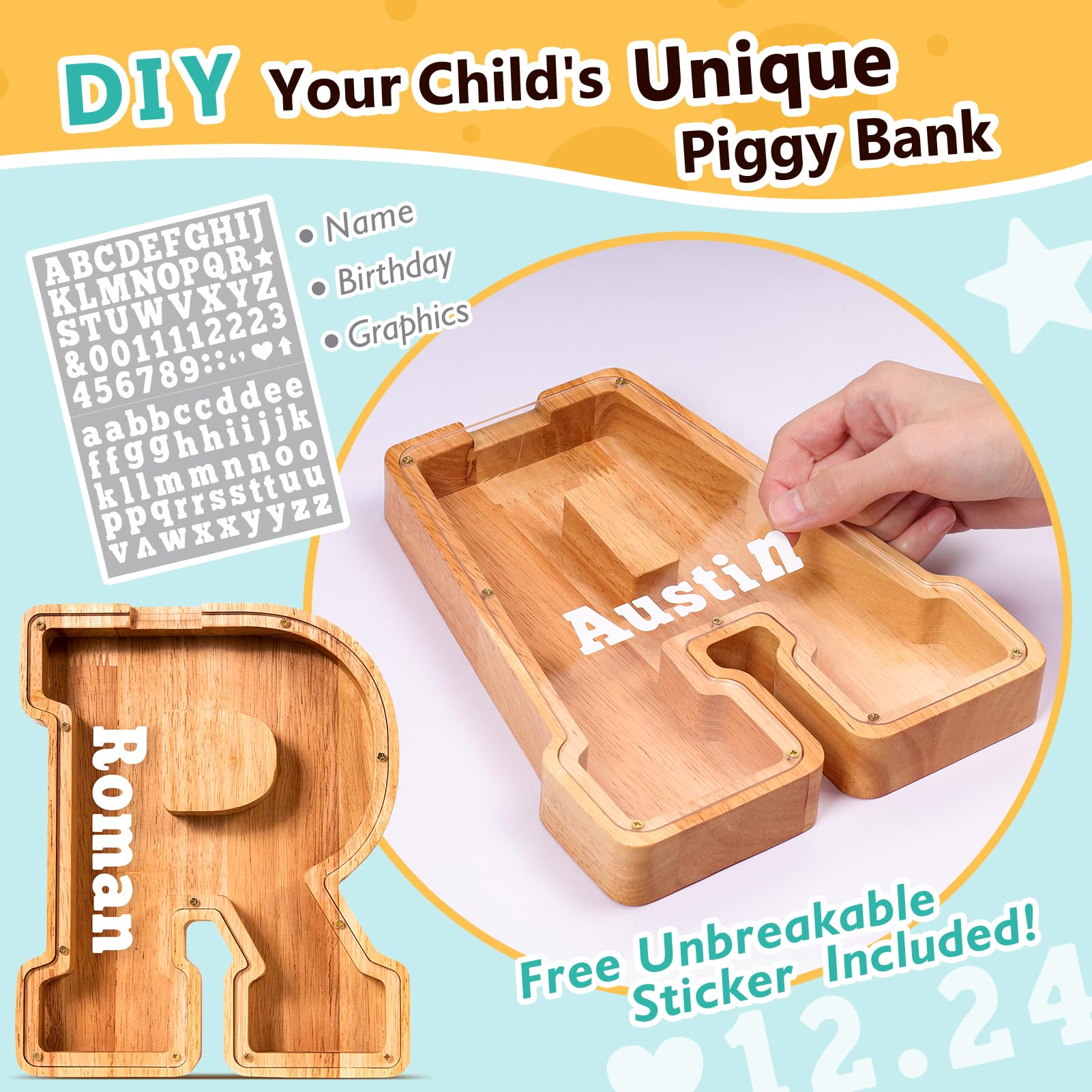 SummiDate personalized piggy bank with laser engraving for names or slogans.
