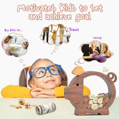 Summidate wooden piggy bank shows coins and bills storage for easy saving.