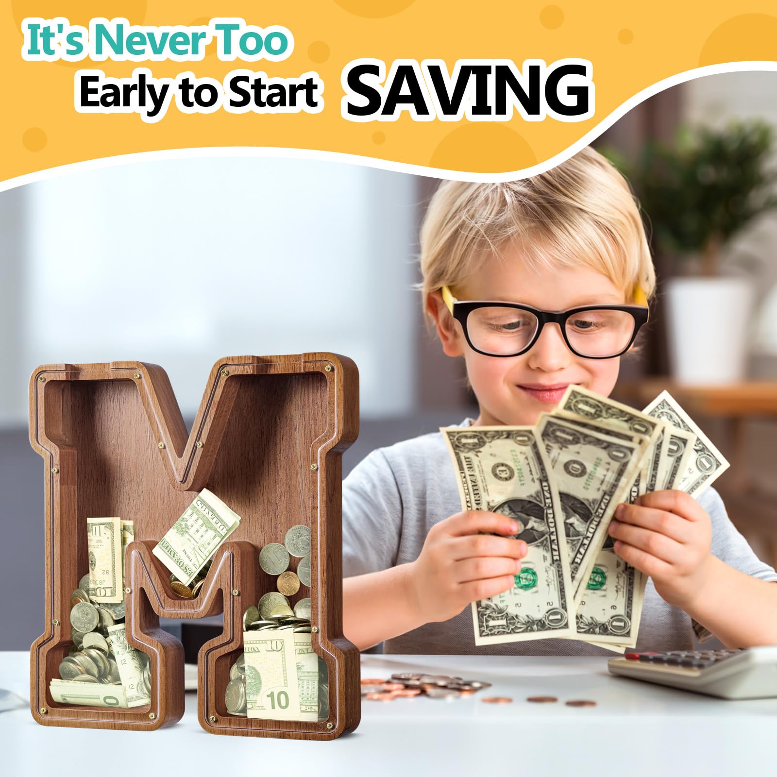 Summidate wooden piggy bank with personalized initials on plexiglass cover