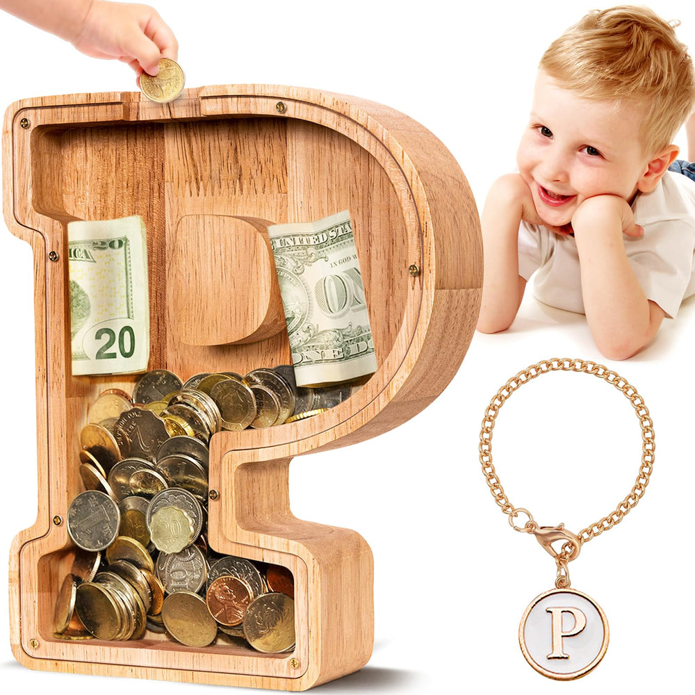 SummiDate wooden letter piggy bank front view with personalized initial for kids at home