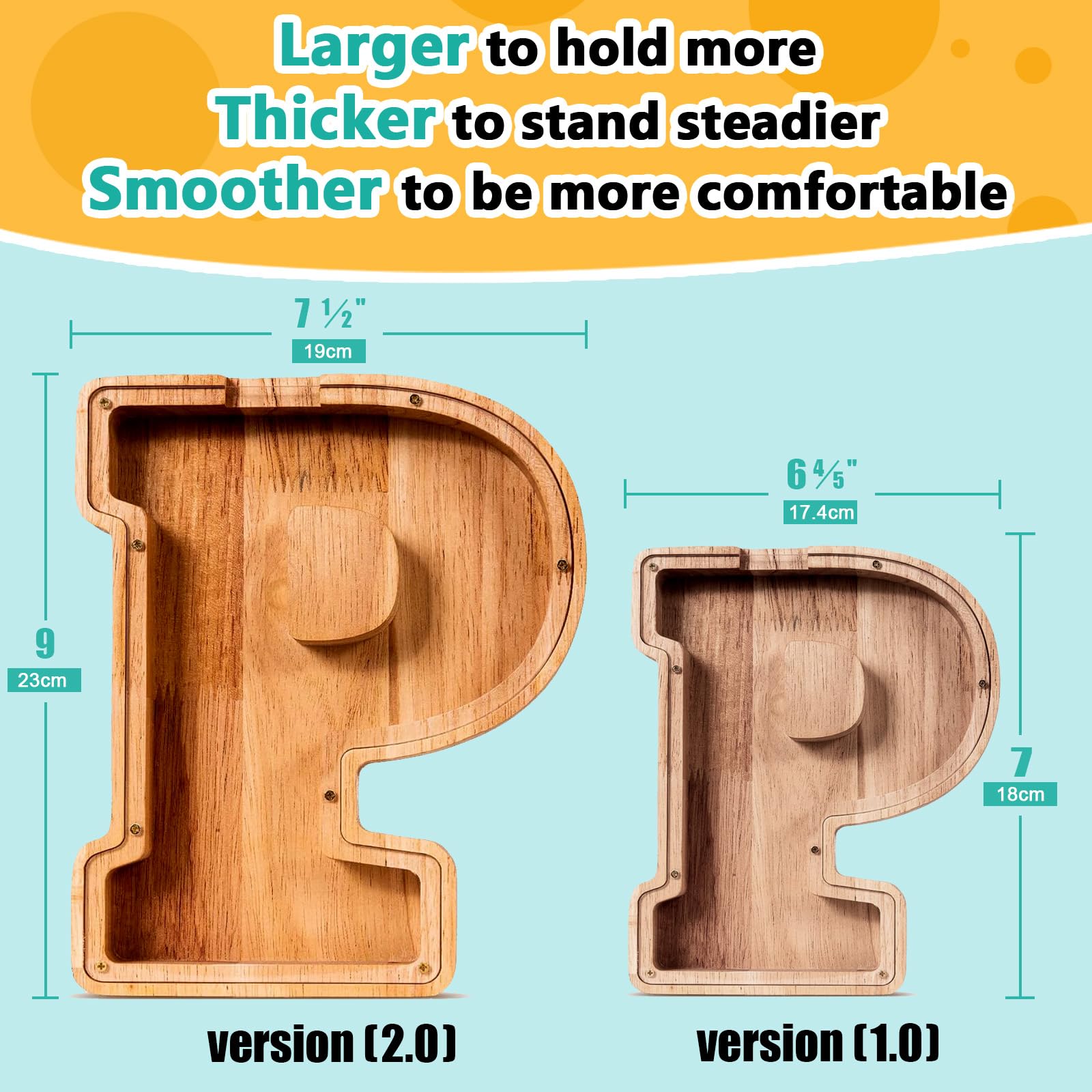 SummiDate letter piggy bank side view highlights sturdy wood and stable base