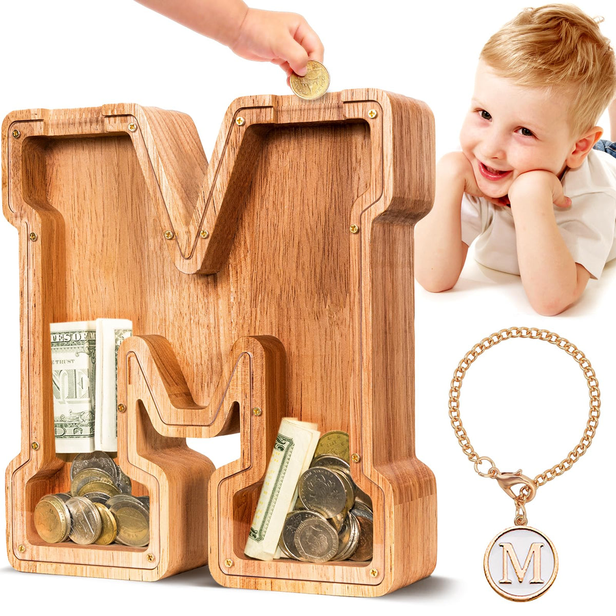 SummiDate wooden letter piggy bank front view with clear panel to track progress