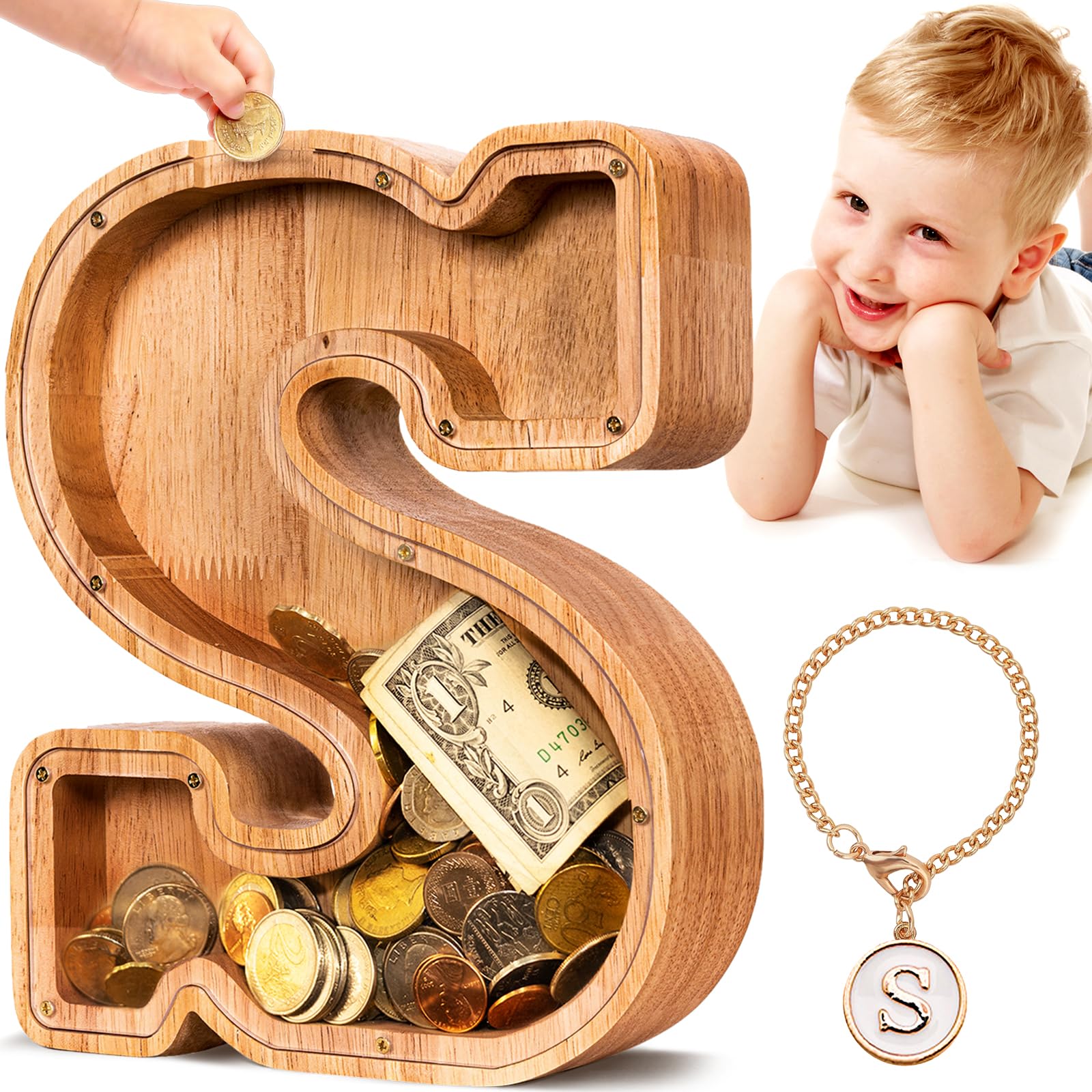 SummiDate wooden letter piggy bank front view for easy saving tracking