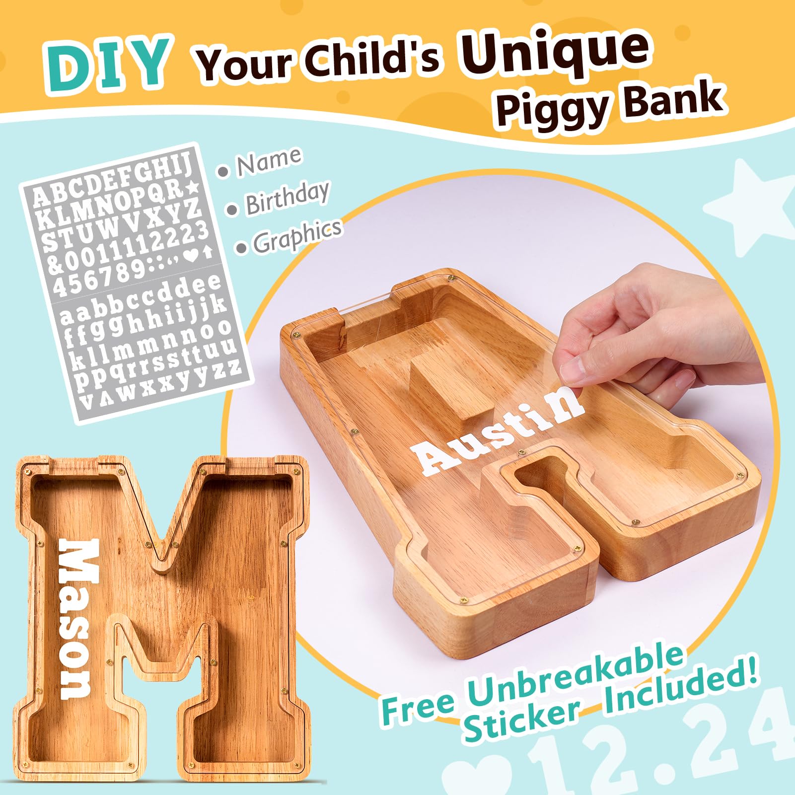 SummiDate wooden letter piggy bank with transparent panel showing coins inside
