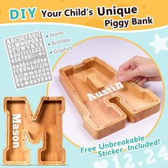 SummiDate wooden letter piggy bank with transparent panel showing coins inside