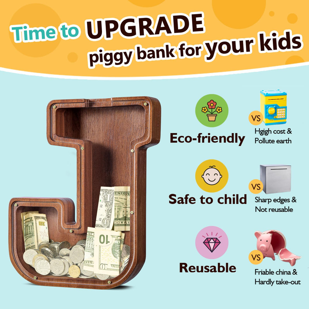 Summidate wooden piggy bank in walnut, durable and decorative for desks and shelves.