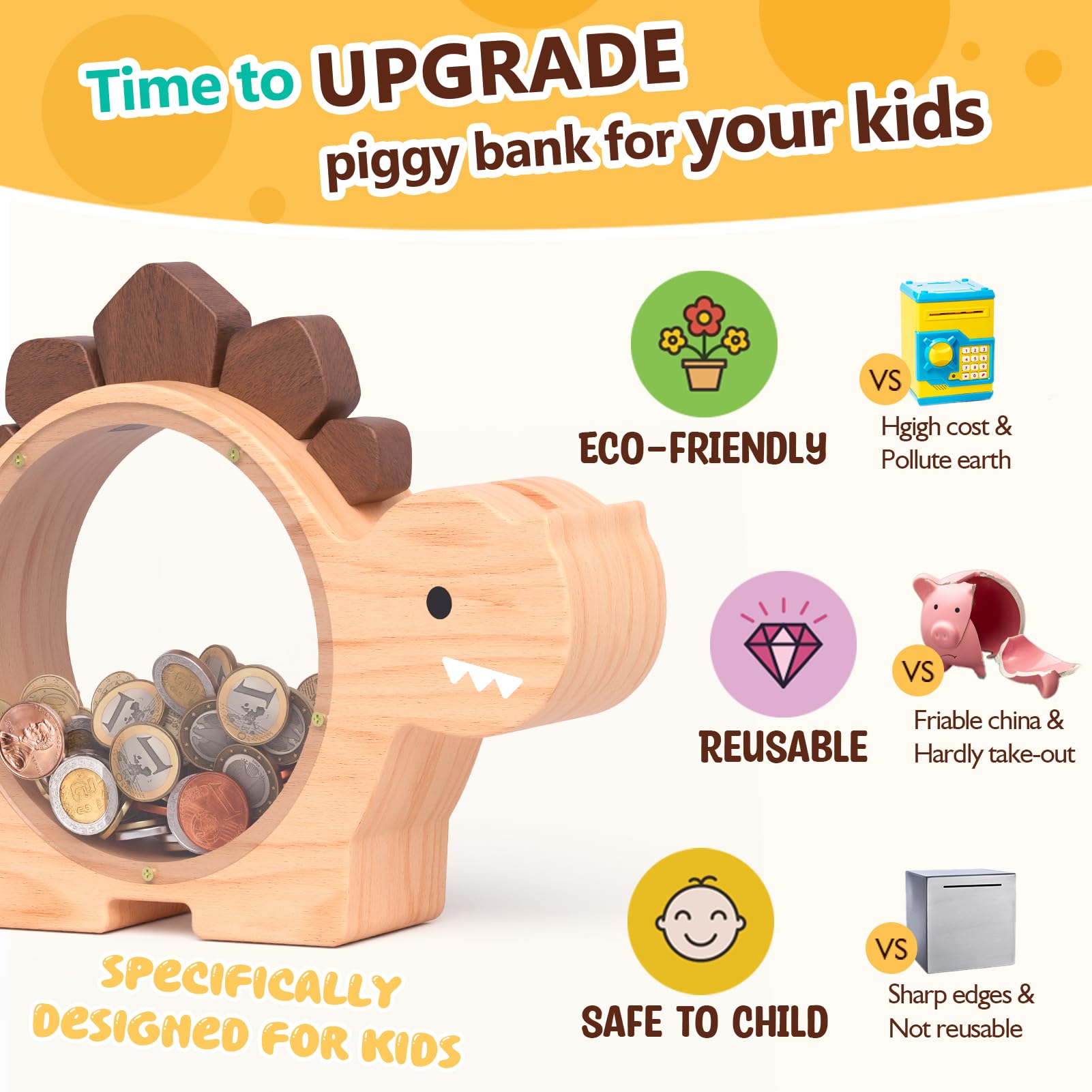 Summidate wooden dino piggy bank close-up highlights natural wood finish.