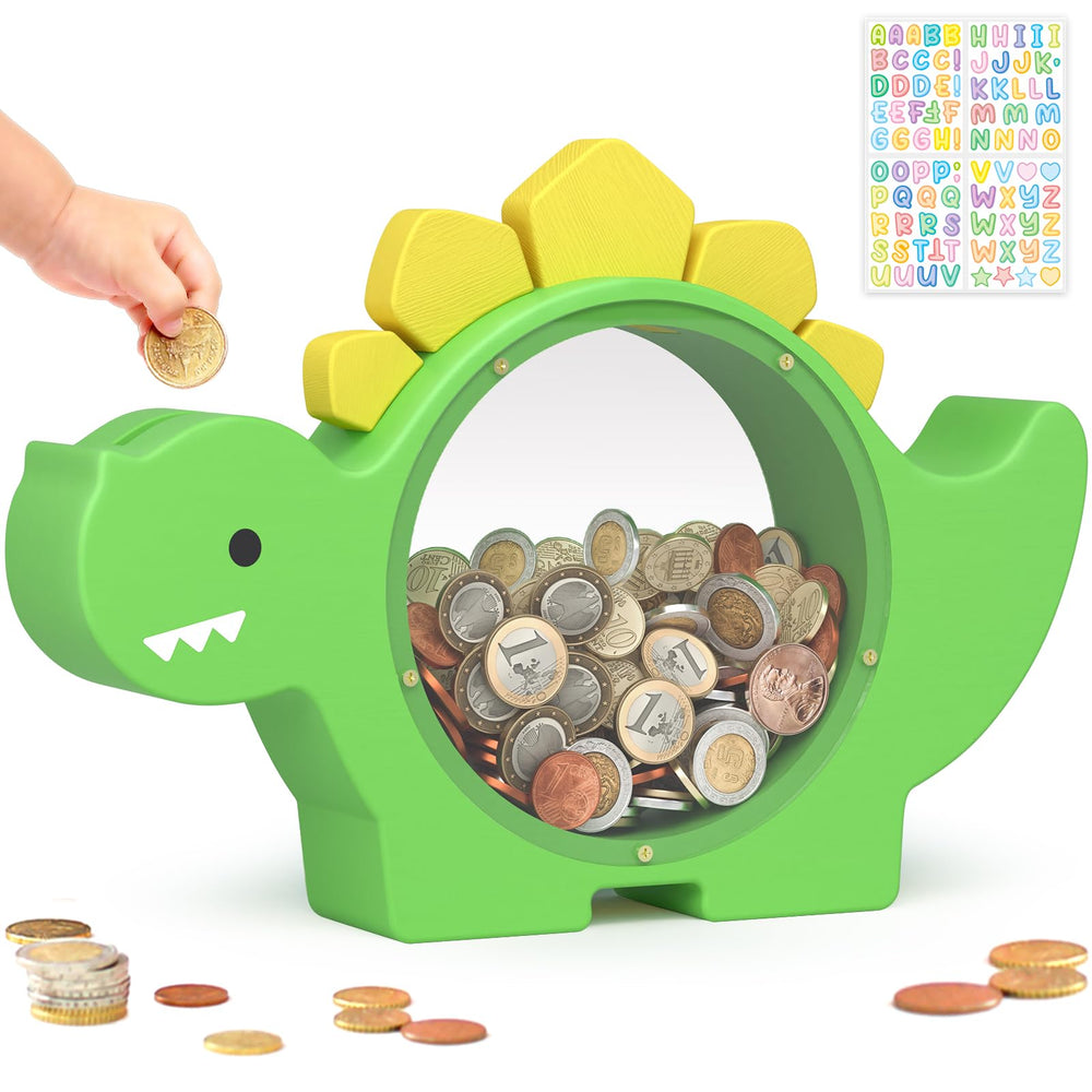 Summidate wooden dinosaur piggy bank in green for durable daily savings.