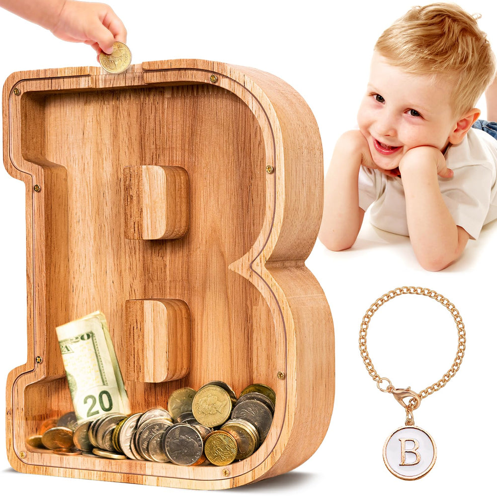 SummiDate wooden letter piggy bank front view with transparent coin panel showing savings progress