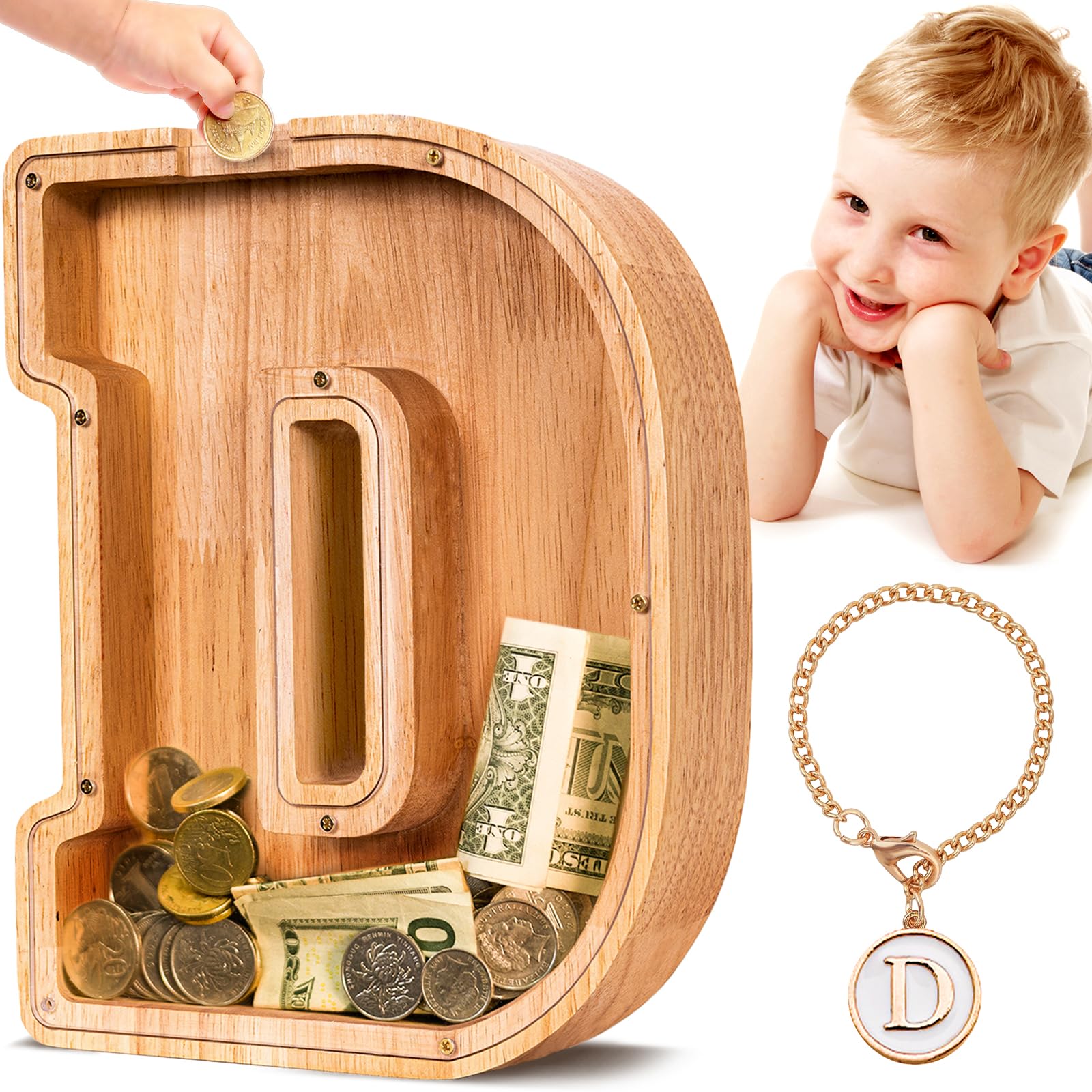 SummiDate wooden letter piggy bank front view encourages early saving.