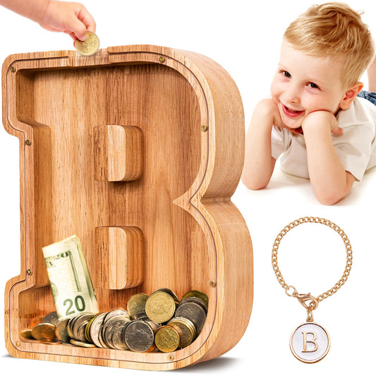 SummiDate wooden letter piggy bank front view with transparent coin panel showing savings progress