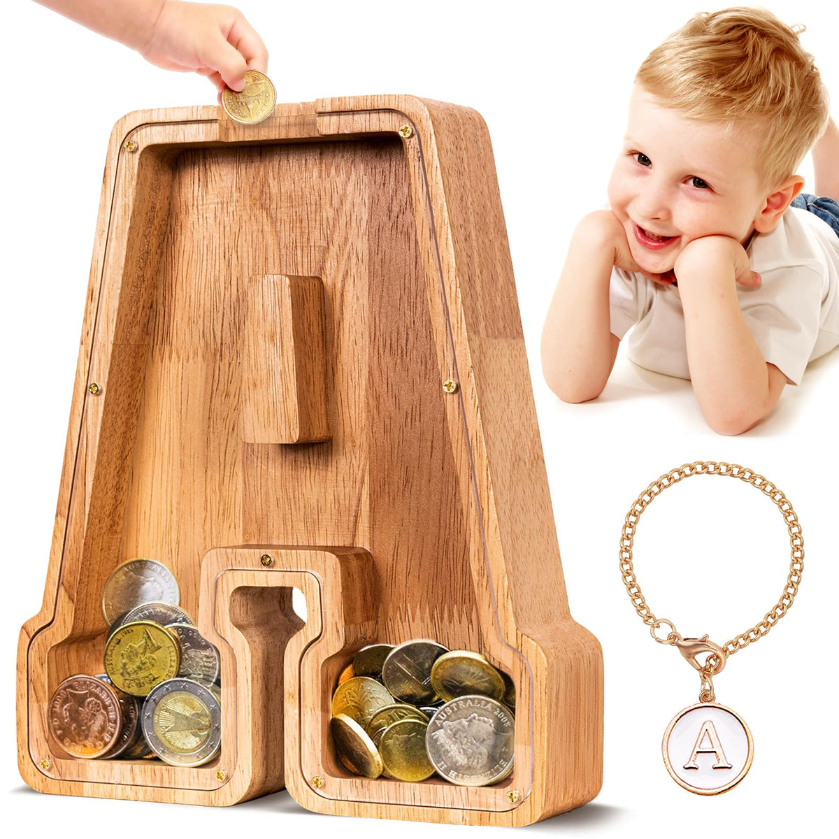 SummiDate wooden letter piggy bank front view with transparent panel to monitor savings.
