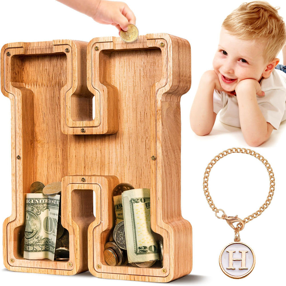 SummiDate wooden letter piggy bank H front view encourages kids to start saving