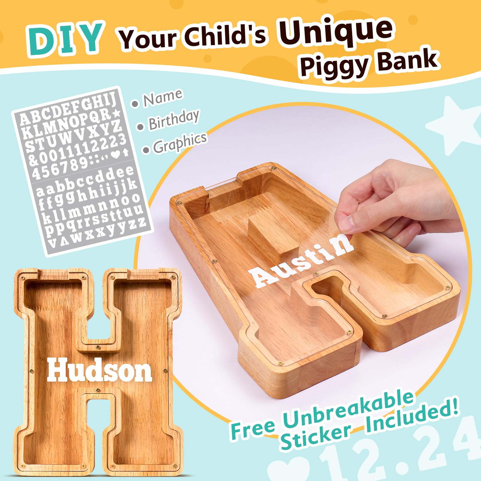 SummiDate wooden letter piggy bank H personalization preview with initials