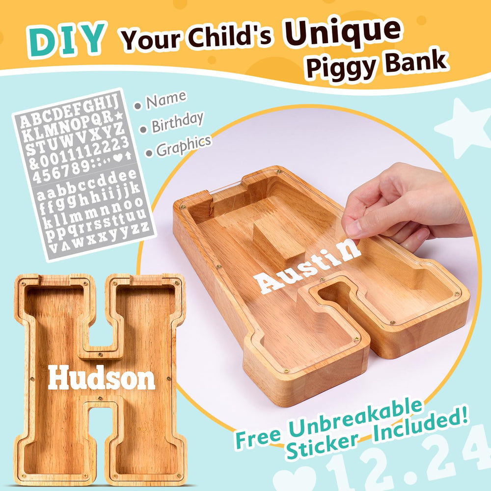SummiDate wooden letter piggy bank H personalization preview with initials