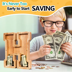 SummiDate wooden letter piggy bank H side view highlighting sturdy form