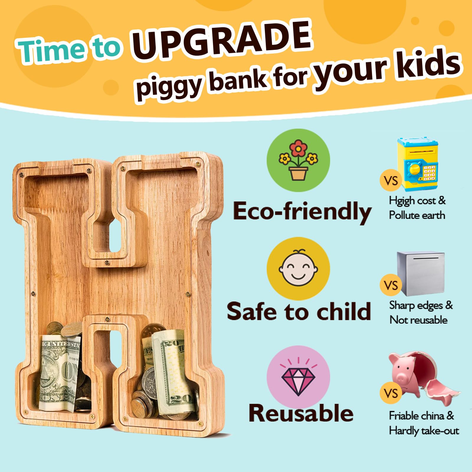 SummiDate wooden letter piggy bank H wood texture closeup showing quality