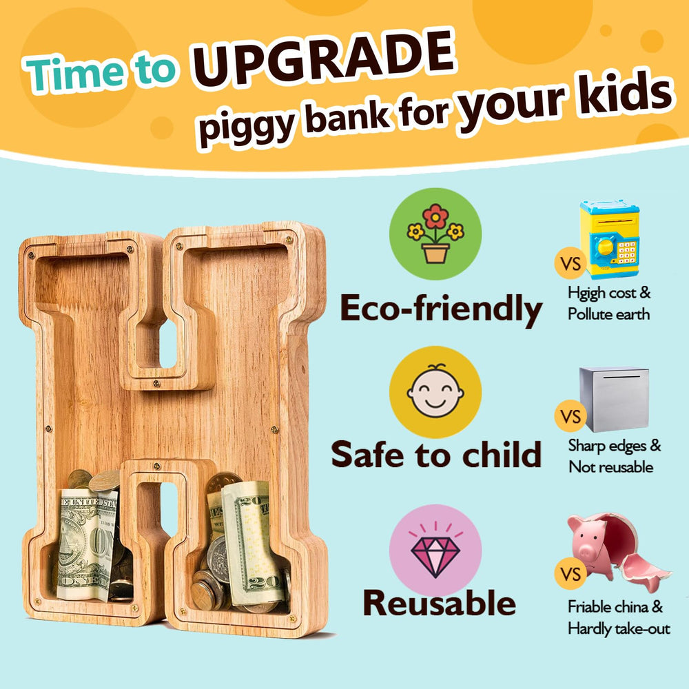 SummiDate wooden letter piggy bank H wood texture closeup showing quality