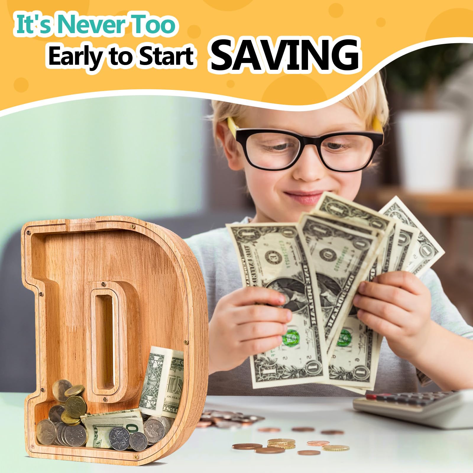 SummiDate wooden letter piggy bank large sturdy design for desks.