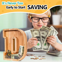 SummiDate wooden letter piggy bank large sturdy design for desks.