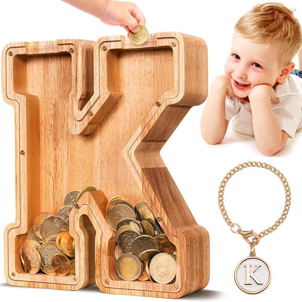 SummiDate wooden letter piggy bank showing name initial for personalized savings