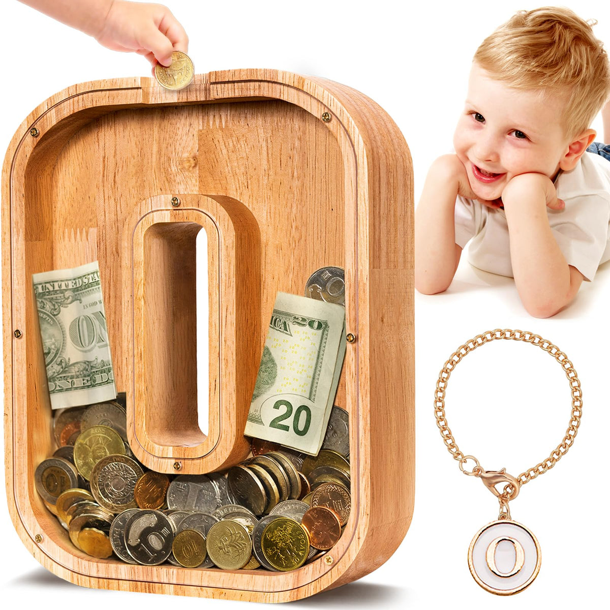 SummiDate wooden letter piggy bank O front view shows savings progress.