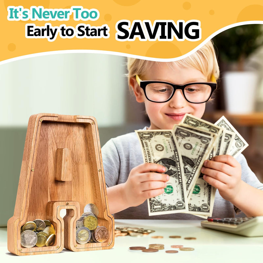 SummiDate wooden letter piggy bank personalization area for initials or engraving.