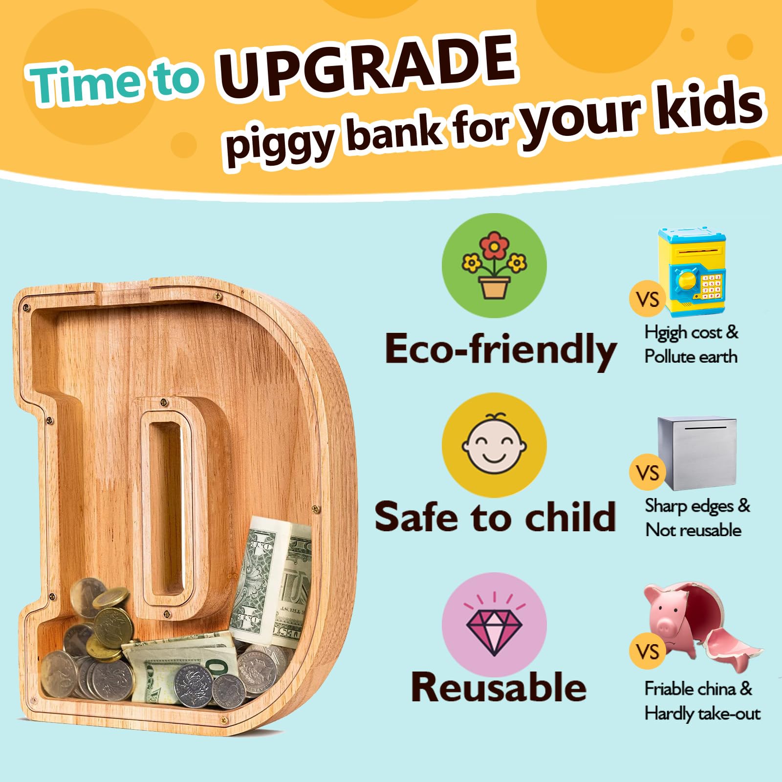 SummiDate wooden letter piggy bank personalization options for gifts.