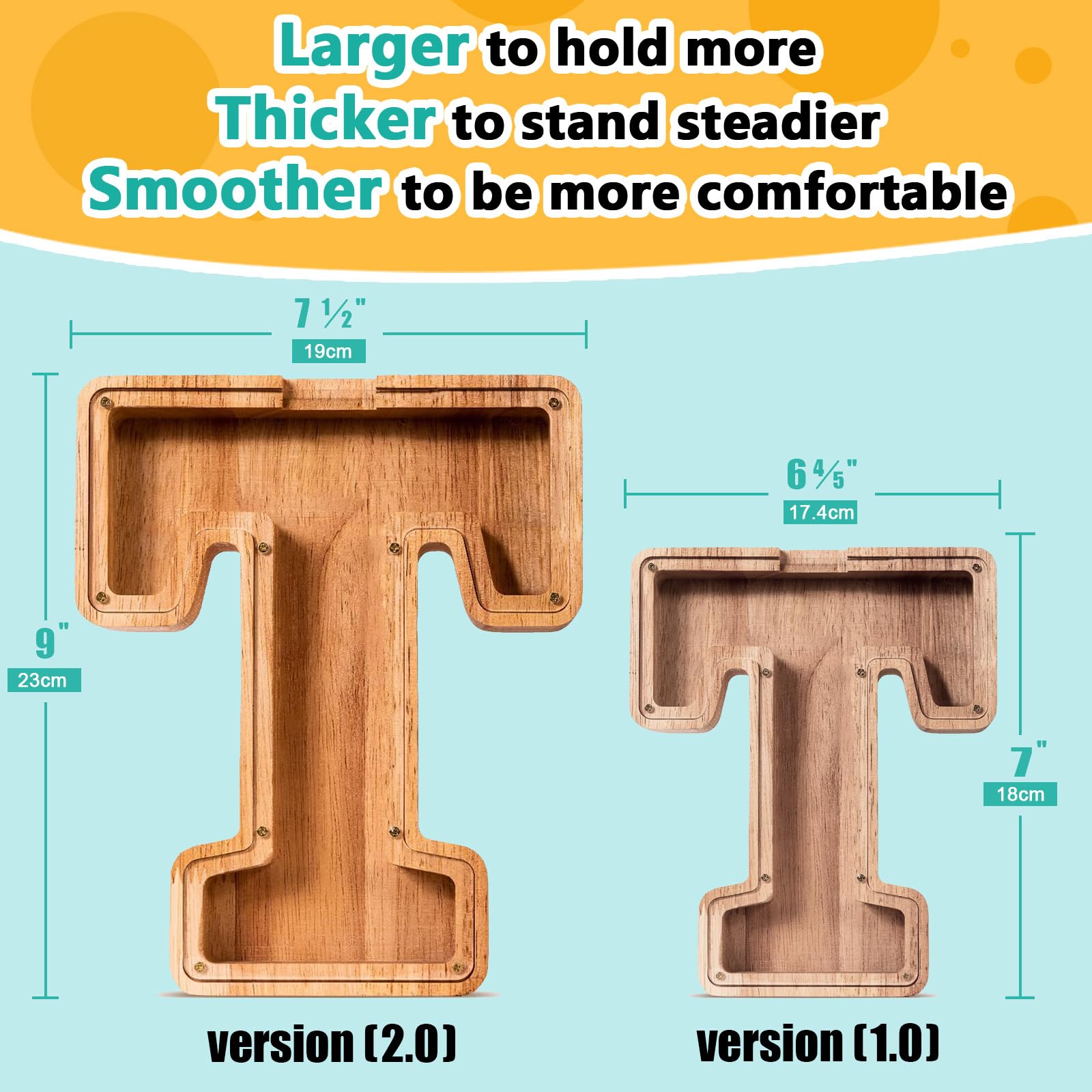 SummiDate wooden letter piggy bank side view highlights sturdy size for long-term use.