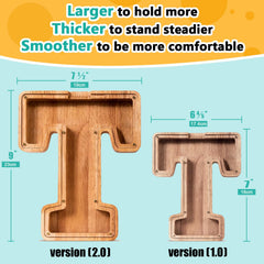 SummiDate wooden letter piggy bank side view highlights sturdy size for long-term use.