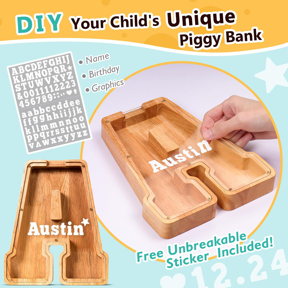SummiDate wooden letter piggy bank transparent panel showing coin progress.