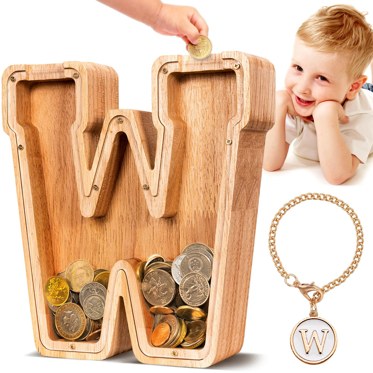 SummiDate wooden letter piggy bank with transparent panel to monitor savings progress