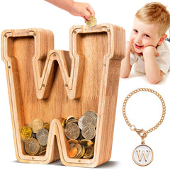 SummiDate wooden letter piggy bank with transparent panel to monitor savings progress