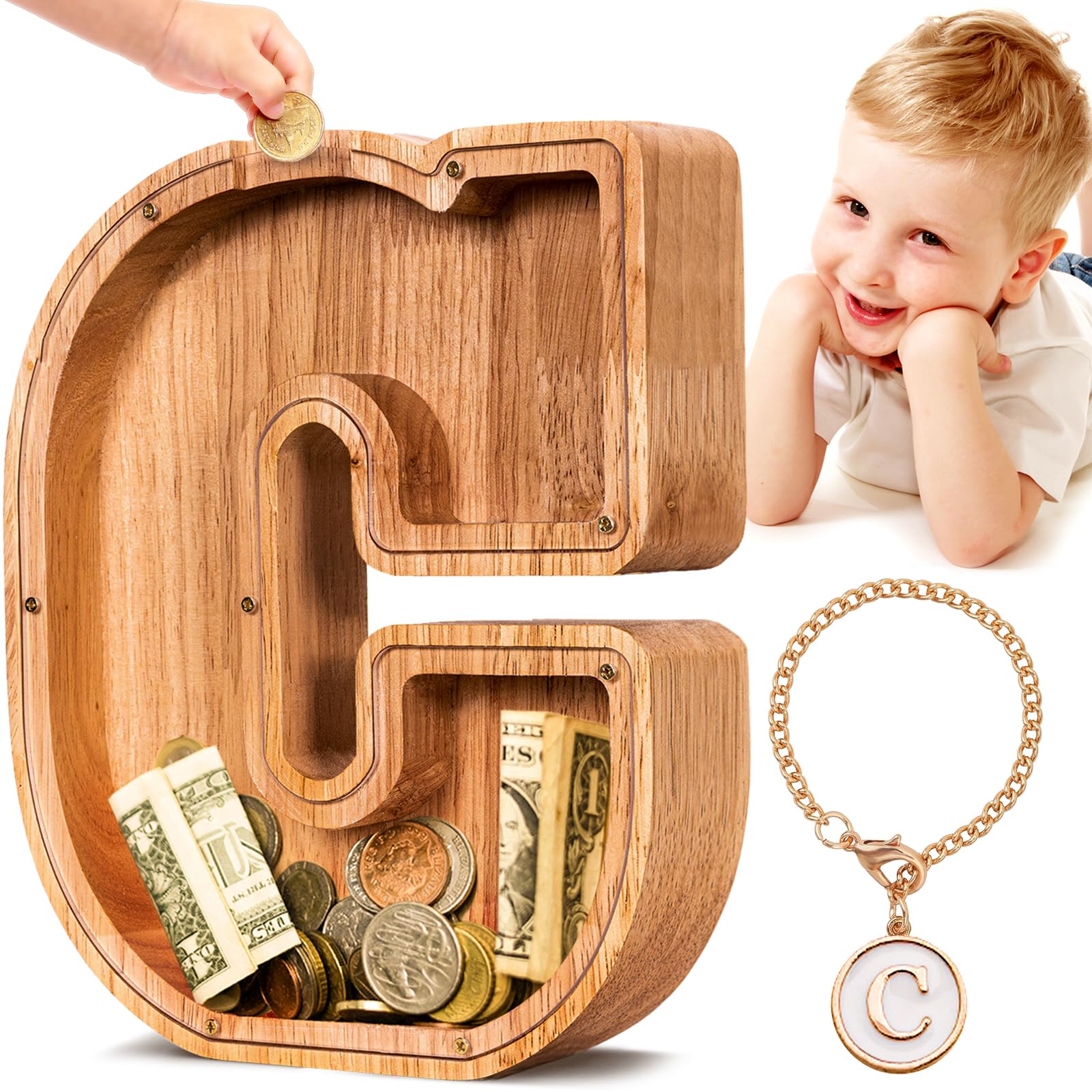 Summidate wooden letter piggy bank with natural wood finish encourages independent savings