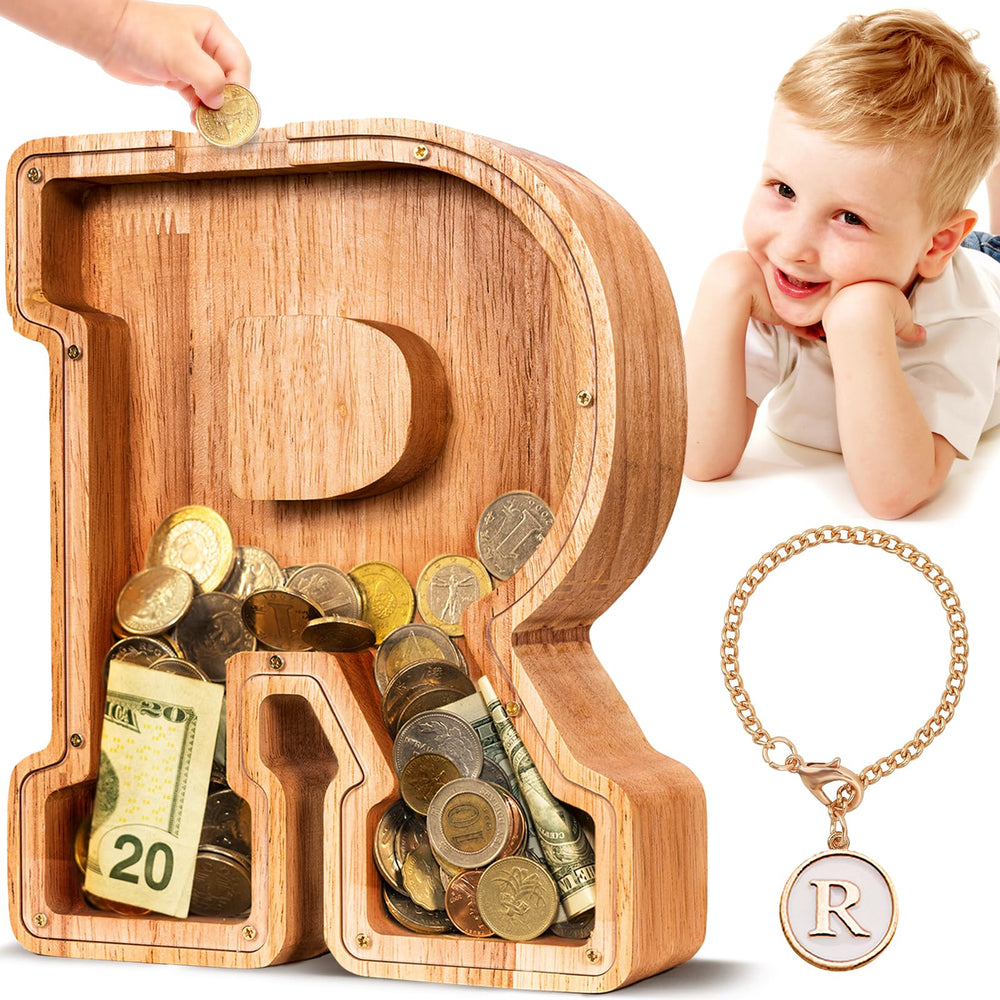 SummiDate wooden letter piggy bank with natural finish, durable and safe for kids.