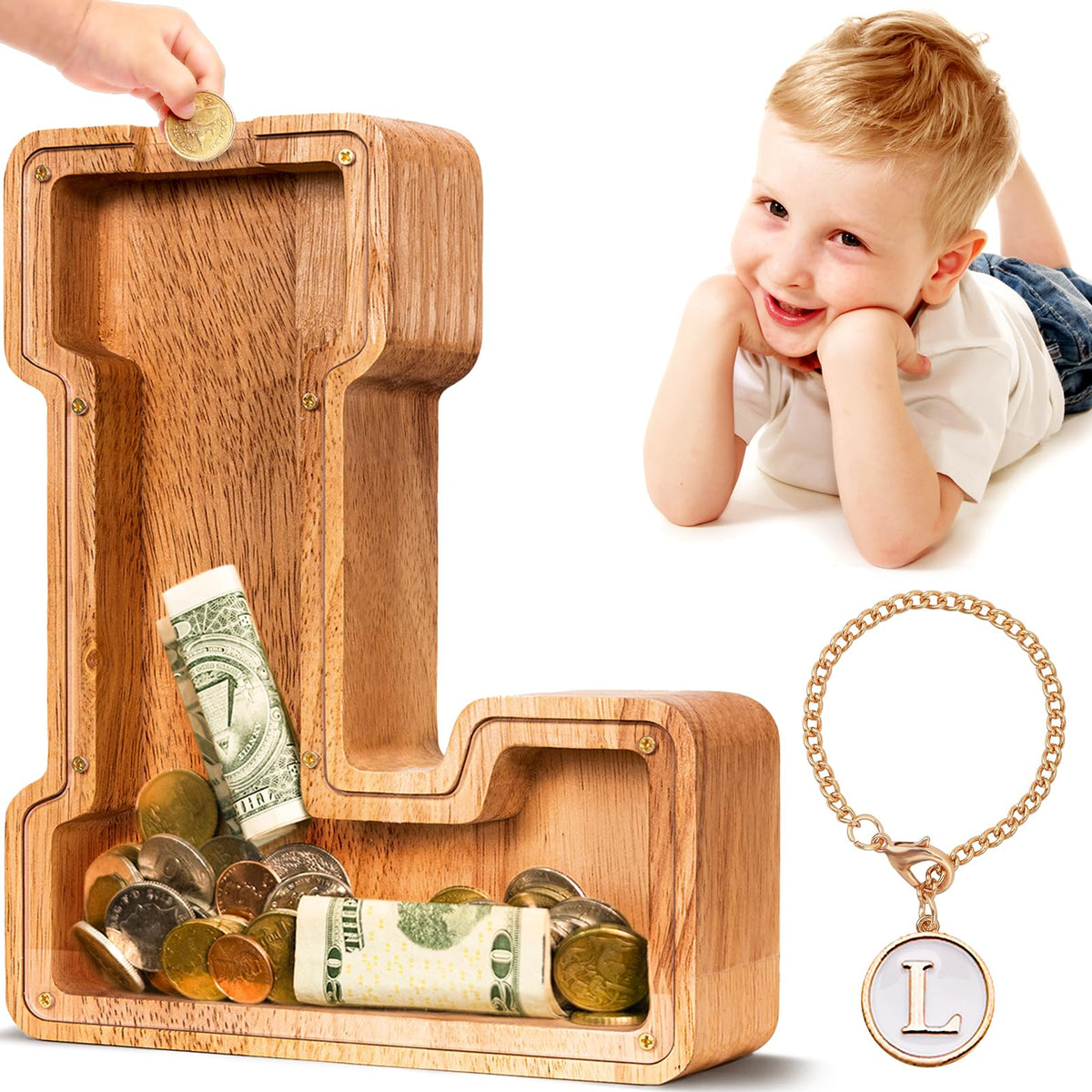 SummiDate wooden letter piggy bank with classic design and sturdy base for long-term savings.