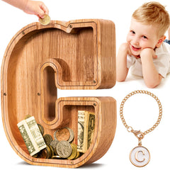 Summidate wooden letter piggy bank with natural wood finish encourages independent savings