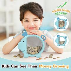 Summidate blue wooden piggy bank demonstrates clear progress tracking visually.