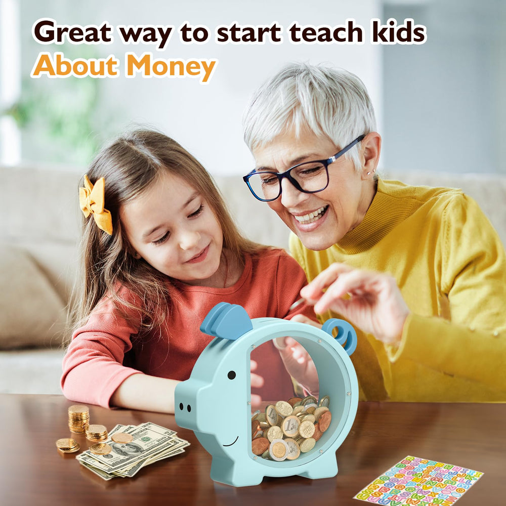 Summidate blue piggy bank promotes delayed gratification with goal-based saving.