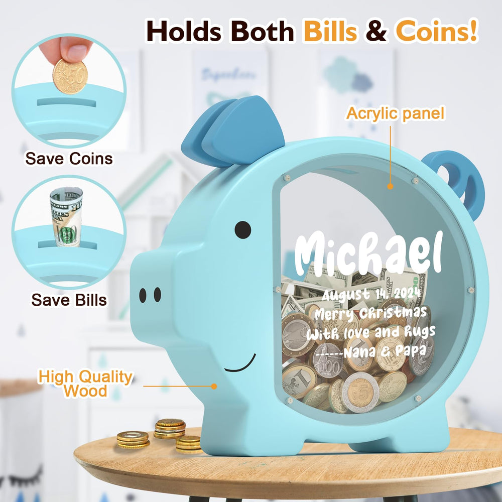 Summidate blue wooden piggy bank helps kids build saving habits.