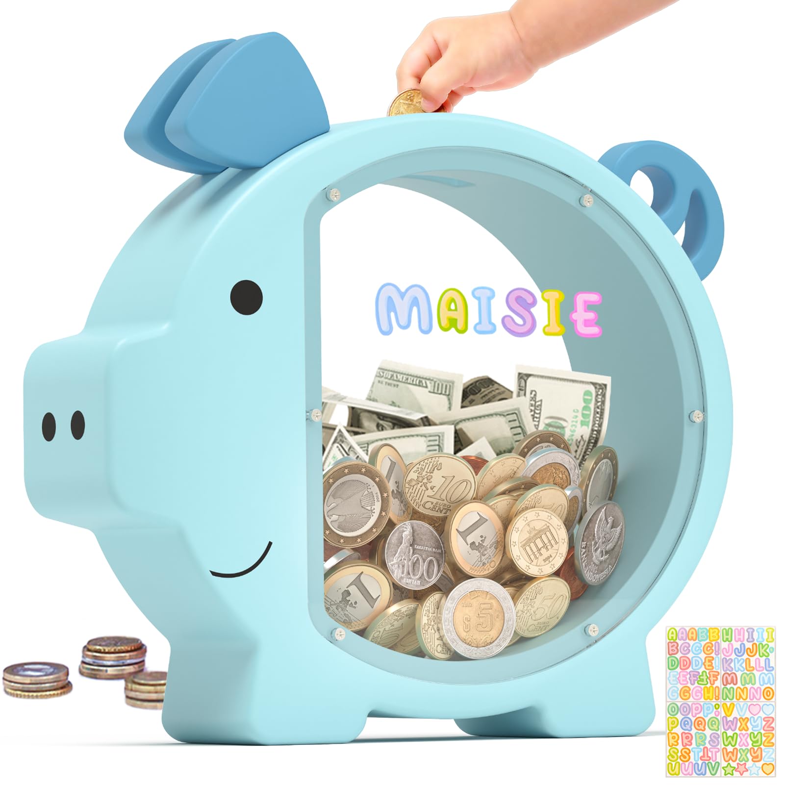Summidate wooden piggy bank blue shows visible savings progress for kids.