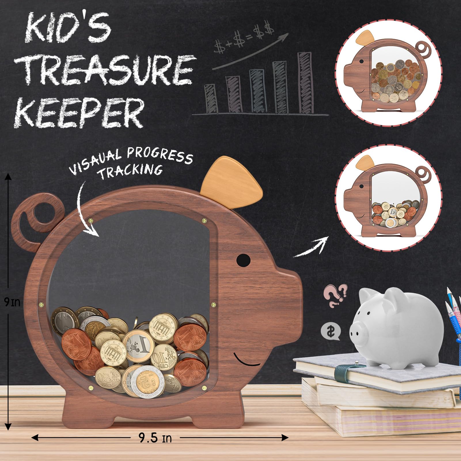 Summidate piggy bank features clear sections to visualize savings progress.