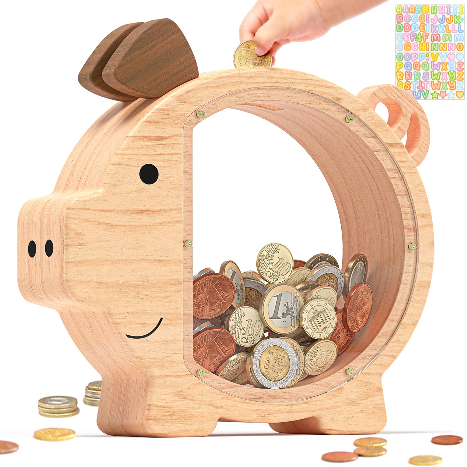 Summidate wooden piggy bank with clear window helps kids track savings visually every day.